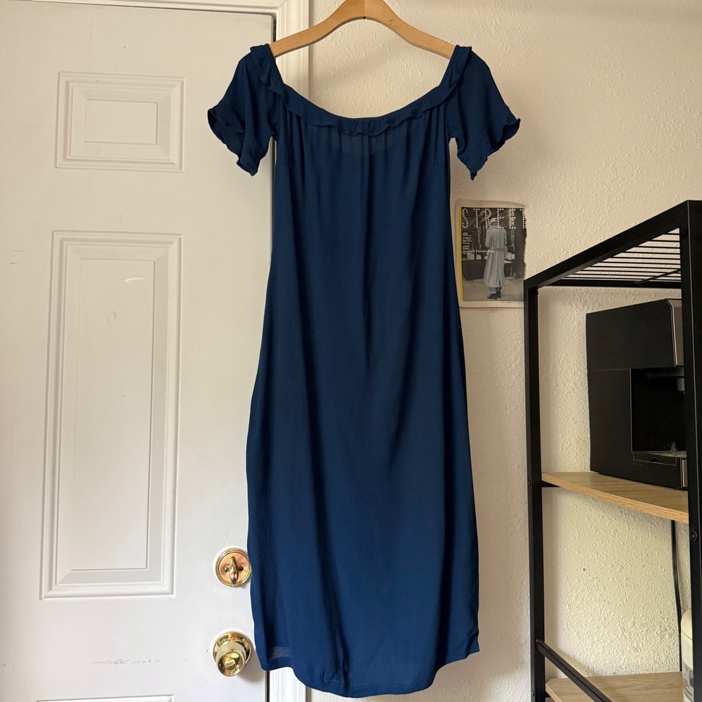 REFORMATION navy blue off shoulder short‎ sleeve ruffle midi dress